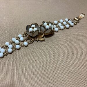 Vintage Gold tone and White Glass Bead Bracelet Three strand with Flowers
